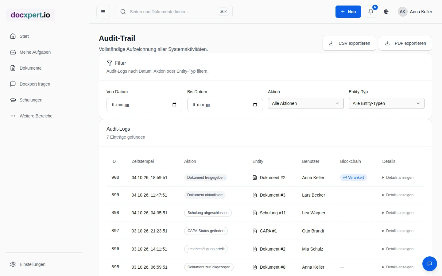 Audit-Trail mit Zeitstempel, Aktion, Objekt, Benutzer und Blockchain-Status