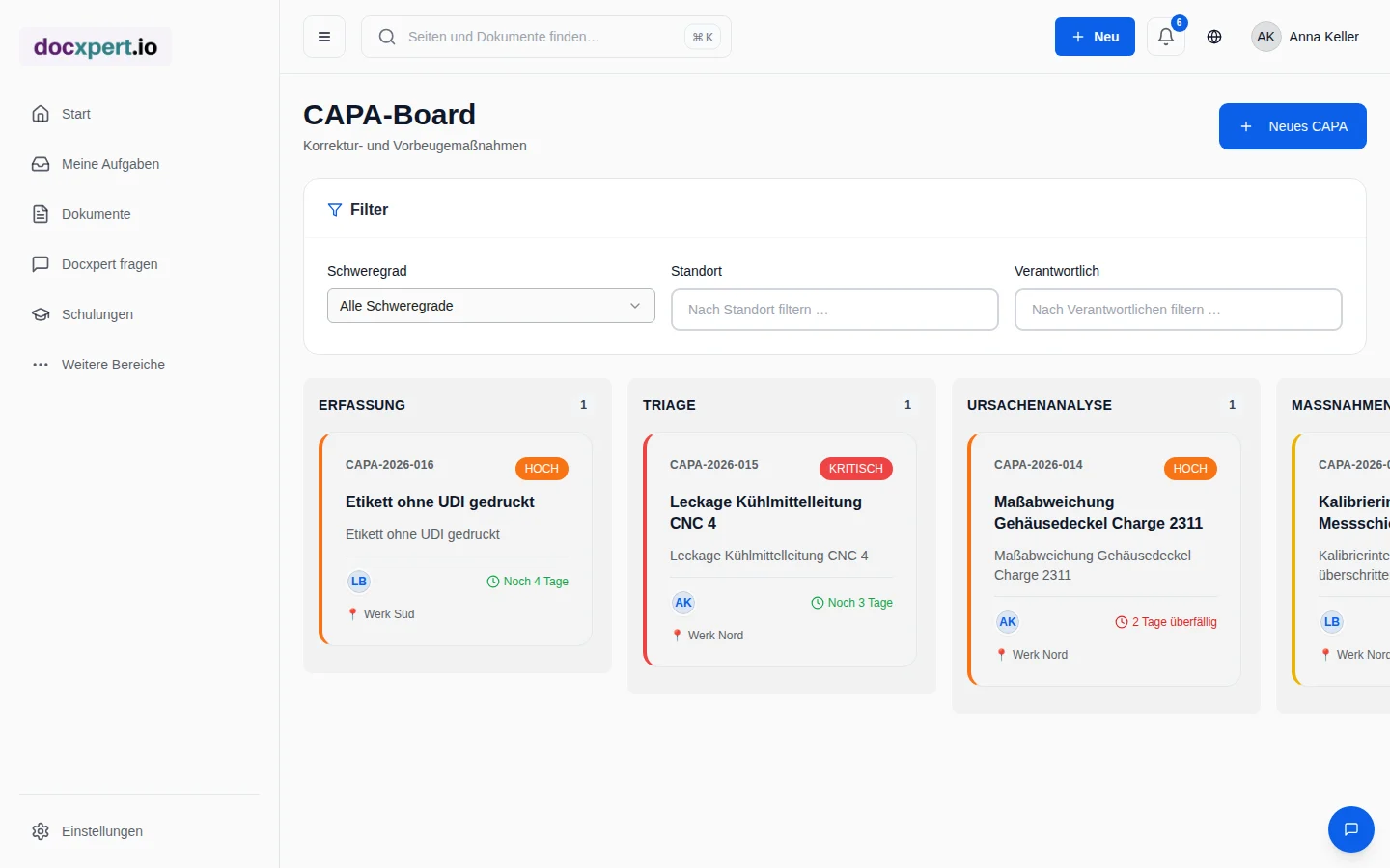 CAPA-Board mit Phasen und Fristen