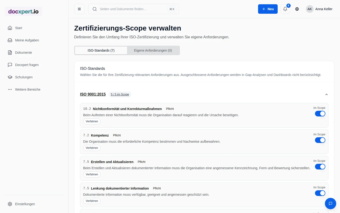 Zertifizierungsumfang mit Normanforderungen je Standard