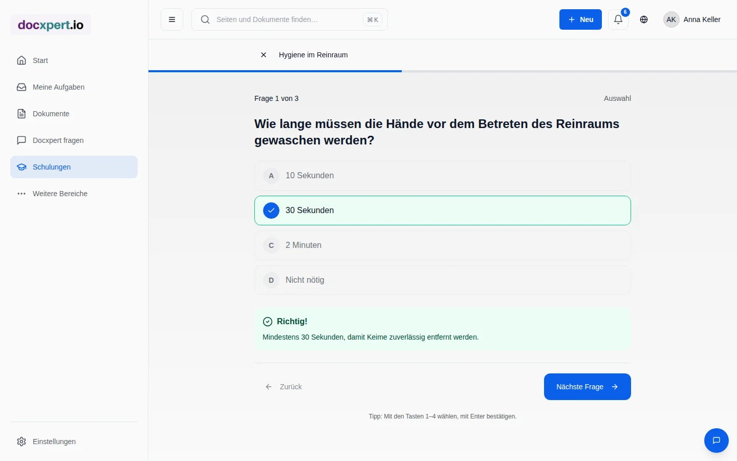 Schulung mit Quiz und Ergebnis