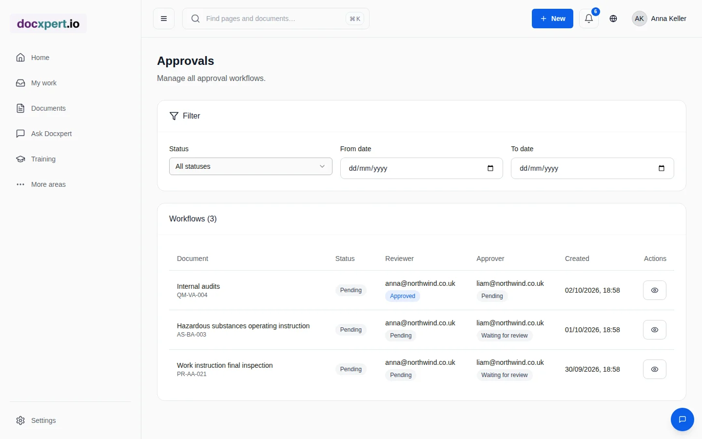List of approval workflows with reviewer, approver and status