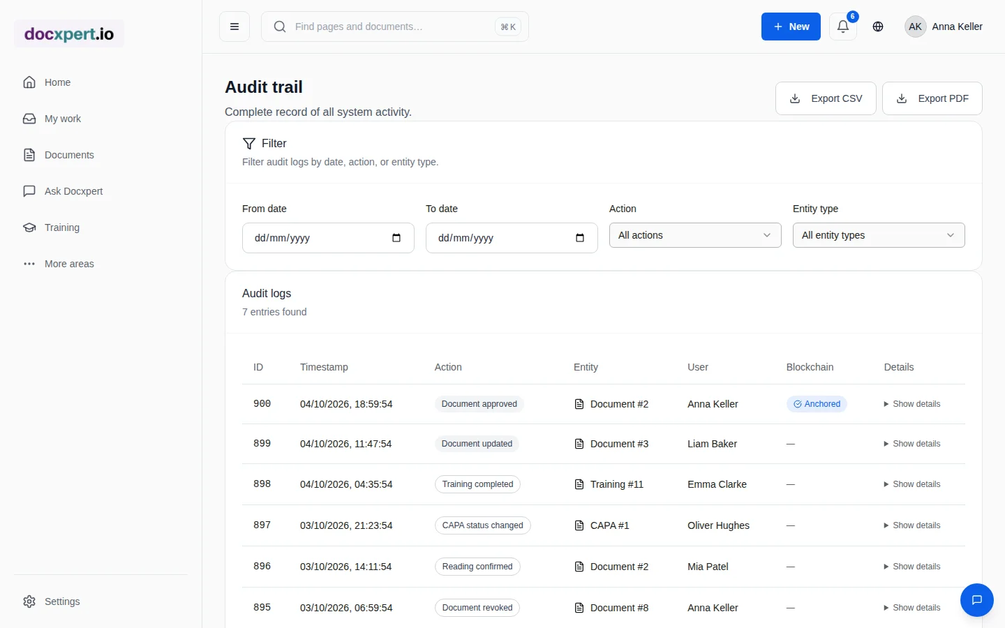 Audit trail with timestamp, action, object, user and blockchain status