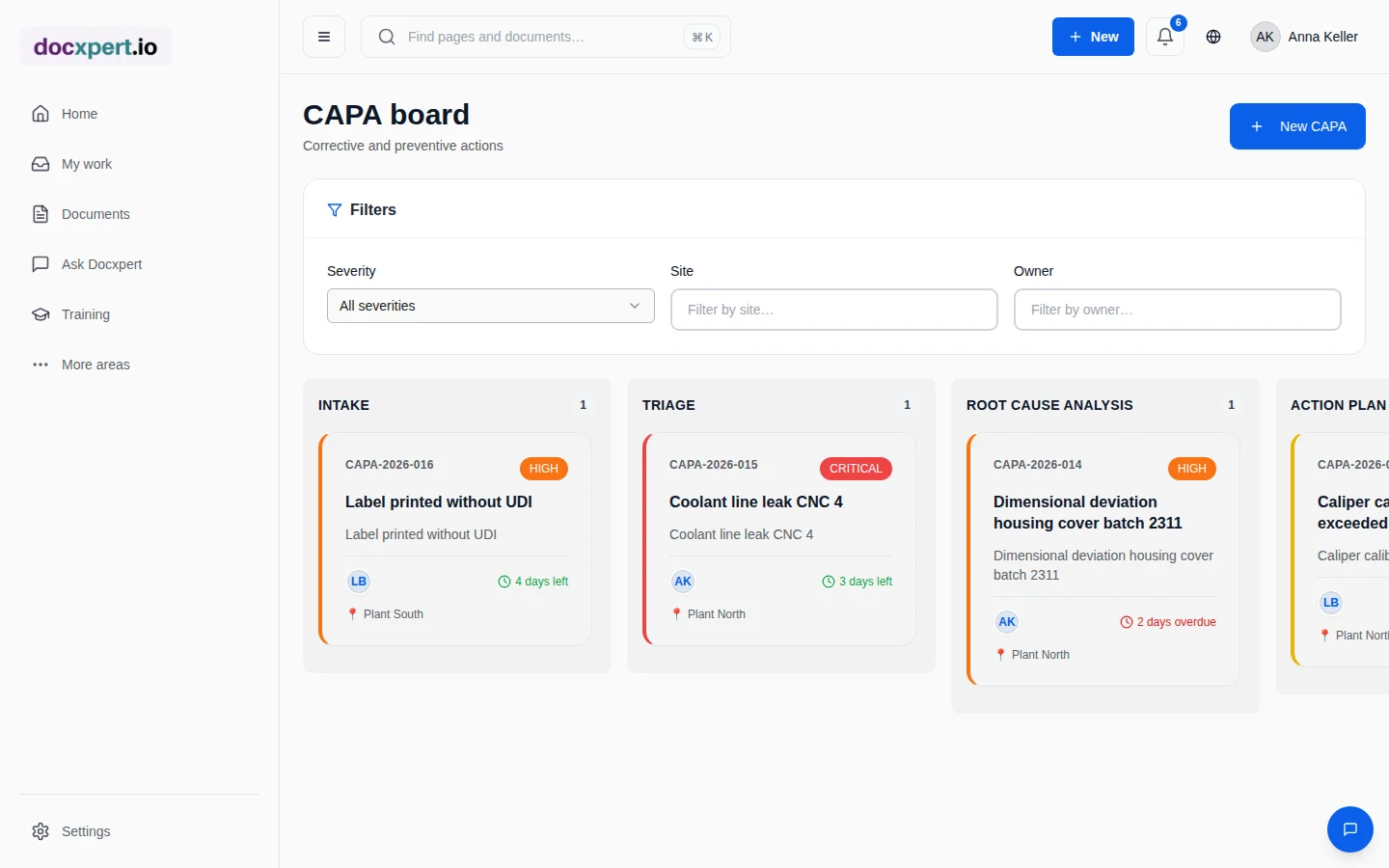 CAPA board with columns for intake, triage, root cause analysis and action plan