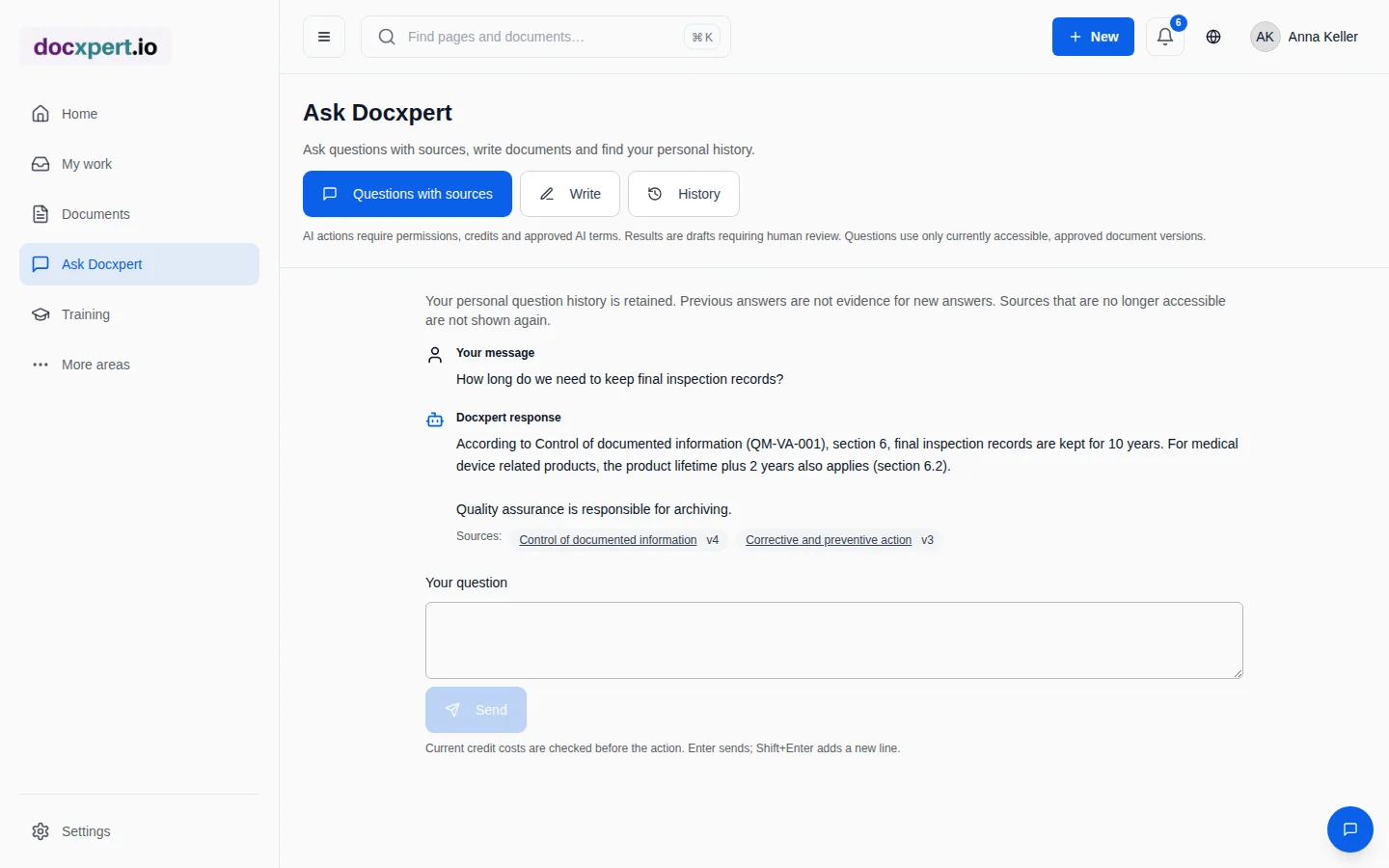 Question to docxpert with an answer and sources from approved documents