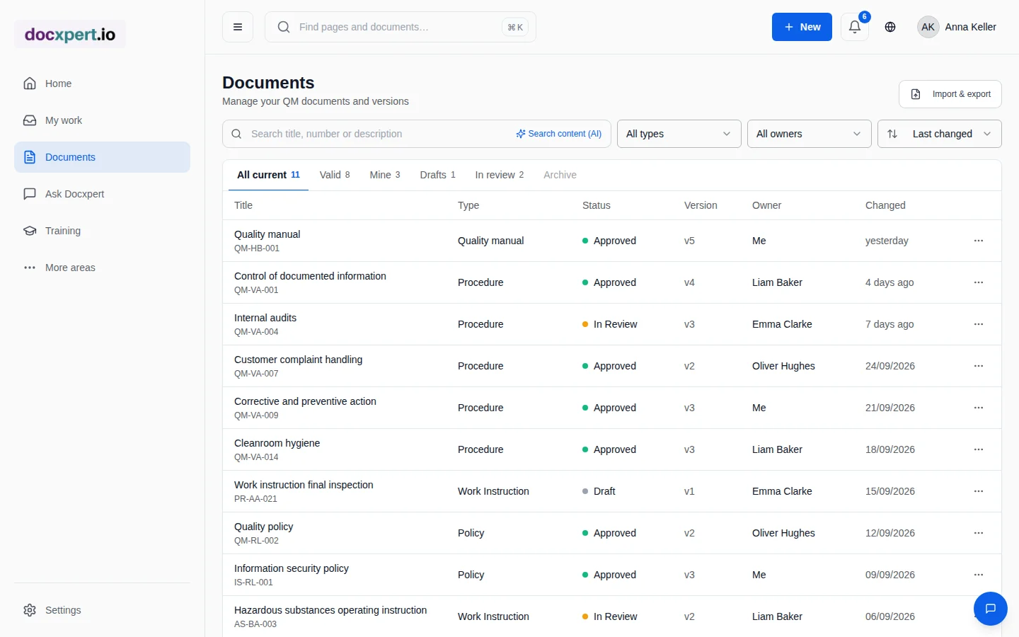 Document overview in the docxpert demo view with status and version details