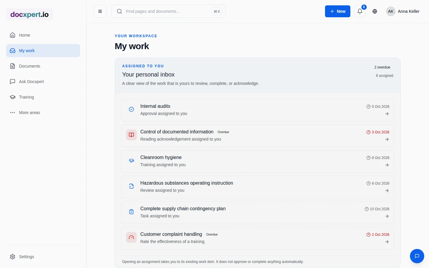Personal inbox with read confirmation, approvals and training