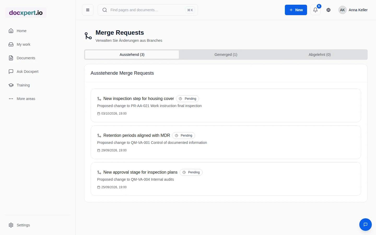 Overview of open change requests with status and date