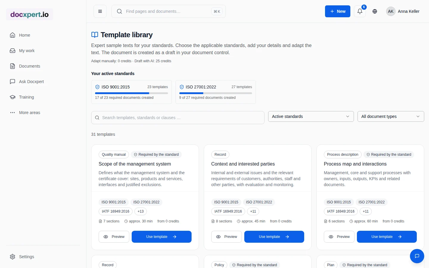 Template library with active standards, progress and template cards