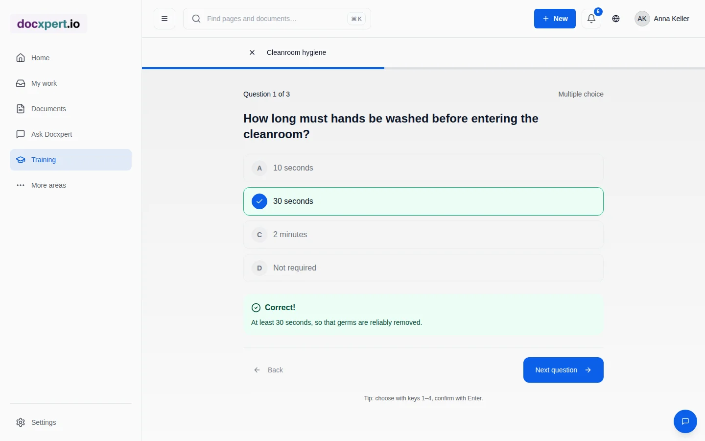 Training with quiz and result