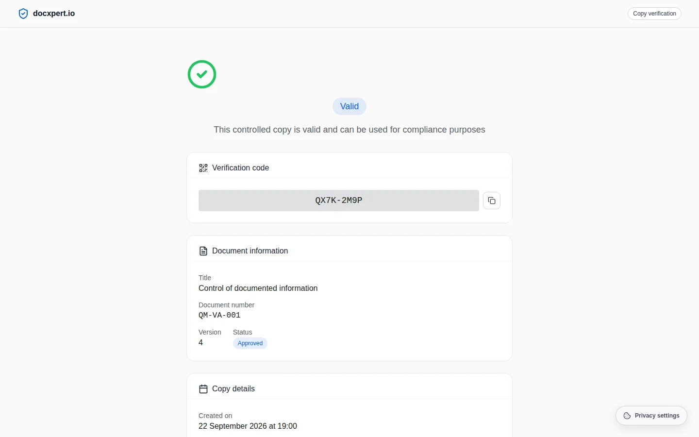 Verification page of a controlled copy with status valid